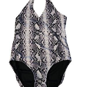 Vince Camuto Snake Print One Piece Faux Wrap V-Neck Swimsuit Black & White Sz 14